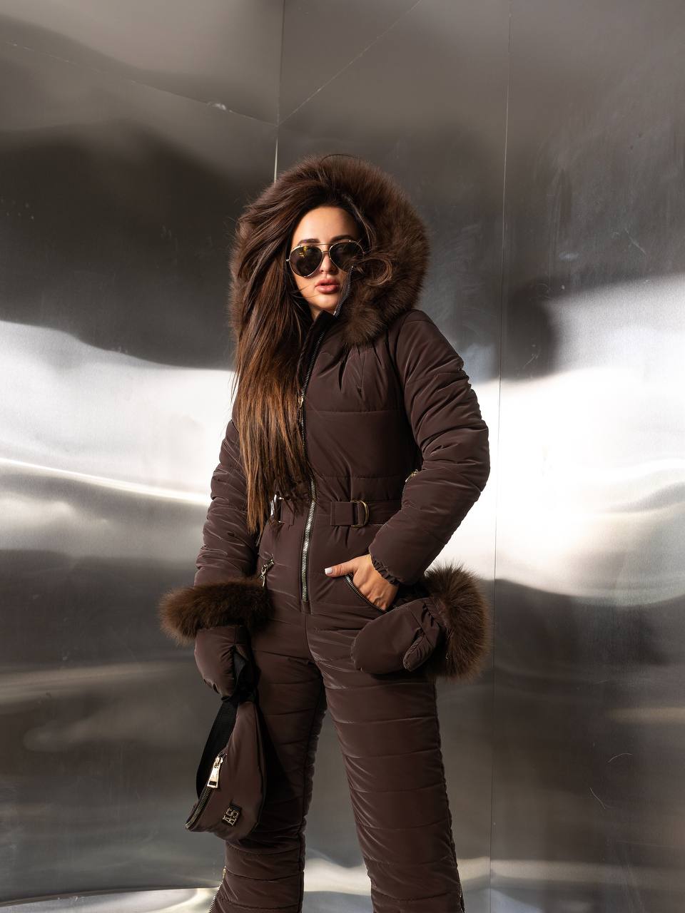 Chocolate Jumpsuit with Natural Fox Fur