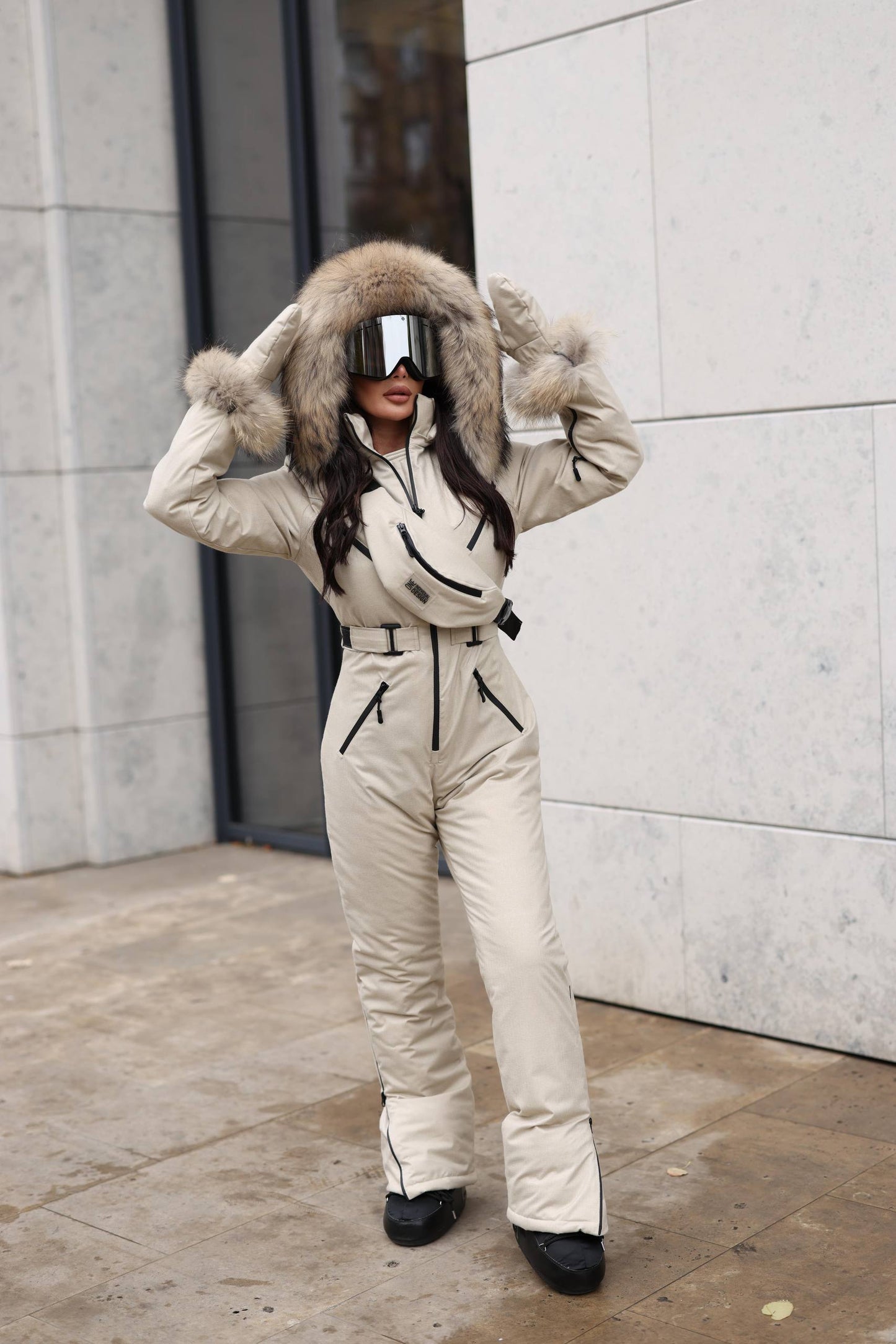 Women’s Luxury Ski Suit with Faux Fur | Waterproof Snow Overall | Winter Ski Jumpsuit Set with Mittens & Bag | Premium Skiwear