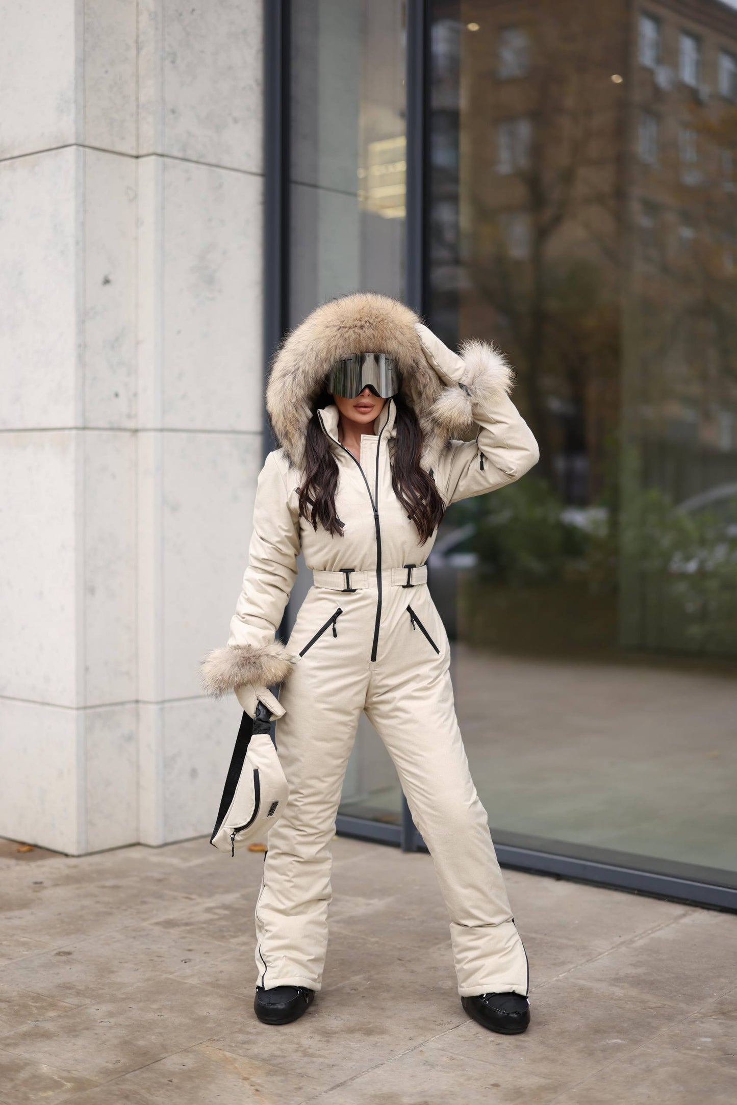 Women’s Luxury Ski Suit with Faux Fur | Waterproof Snow Overall | Winter Ski Jumpsuit Set with Mittens & Bag | Premium Skiwear