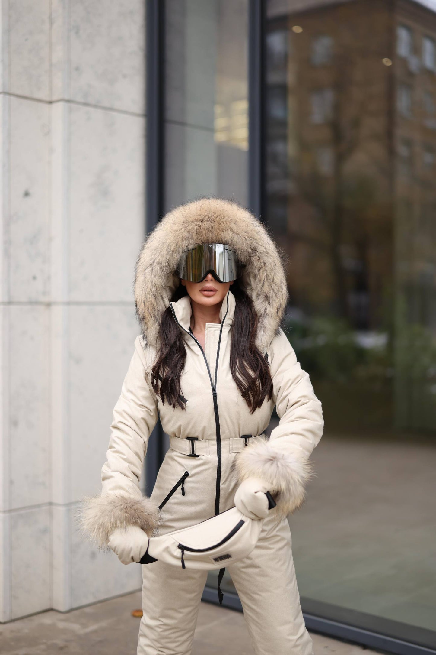 Women’s Luxury Ski Suit with Faux Fur | Waterproof Snow Overall | Winter Ski Jumpsuit Set with Mittens & Bag | Premium Skiwear
