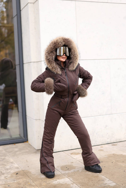 Women’s Ski Jumpsuit with Natural Raccoon Fur | Waterproof Winter Snowsuit | Warm Insulated Ski Suit with Belt, Fur Gloves & Bag