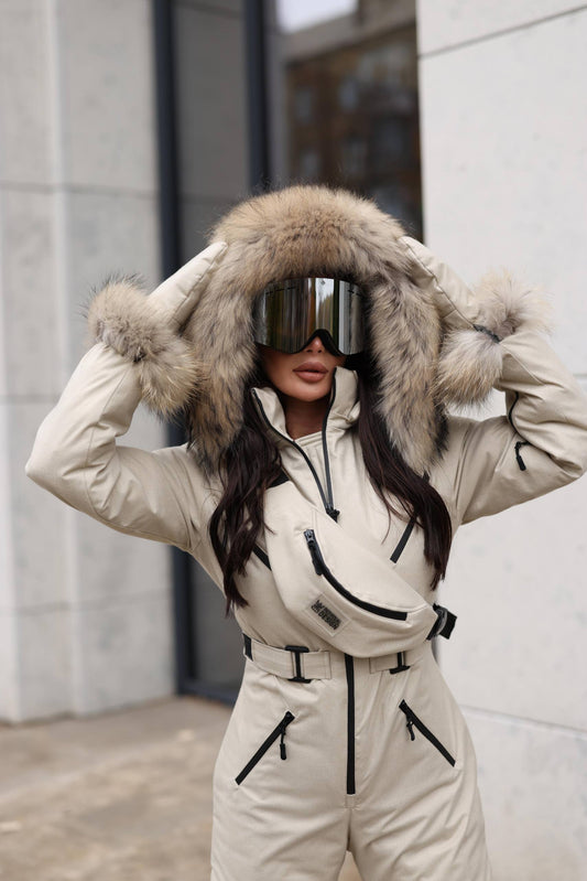 Women’s Luxury Ski Suit with Real Raccoon Fur | Waterproof Snow Overall | Winter Ski Jumpsuit Set with Mittens & Bag | Premium Skiwear